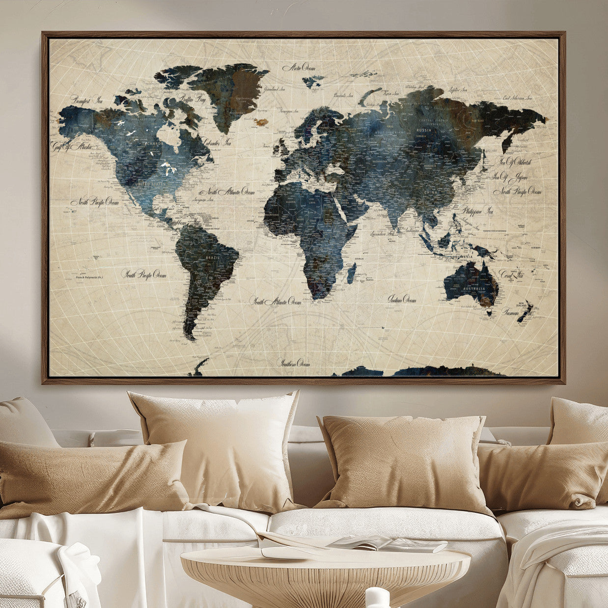 33438443-MGV-FC-36X24 - World Map Wall Art Canvas Print, Modern Decorative Framed Map Artwork Prints for Living Room, Office, Bedroom Wall Decor