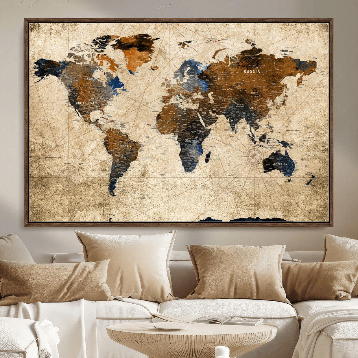 56297284-MGV-FC-36X24 - World Map Wall Art Canvas Print, Modern Decorative Framed Map Artwork Prints for Living Room, Office, Bedroom Wall Decor