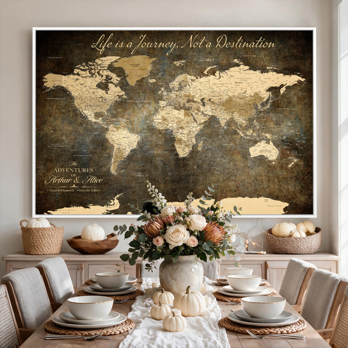 75877068-MGV-CV-36X24 - Custom Push Pin Travel Map Canvas Print, Couples Countries Visited Map, Bedroom and Study Decor