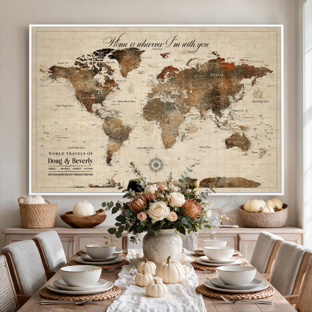 94399474-MGV-CV-36X24 - Large Custom Framed Beige Vintage World Travel Map Wall Art with Pins, Couples Countries Visited Map, Living Room and Hallway Decor