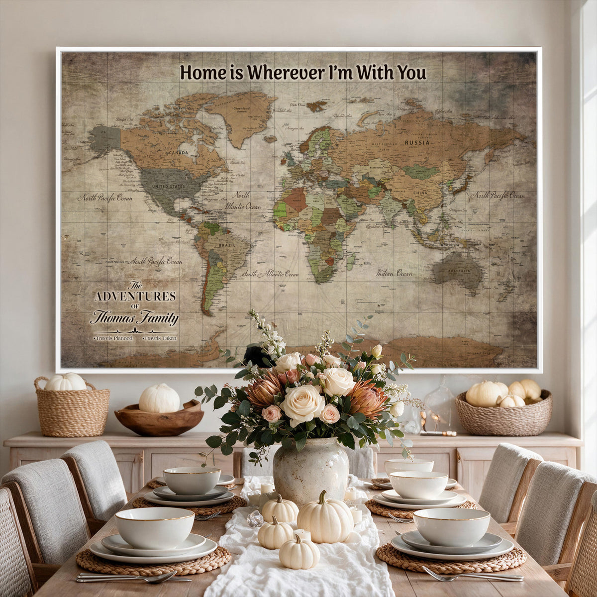22593671-MGV-CV-36X24 - Personalized Beige Geometric World Map Canvas with Push Pins, Next Trip Planner Map, Study and Entryway Decor