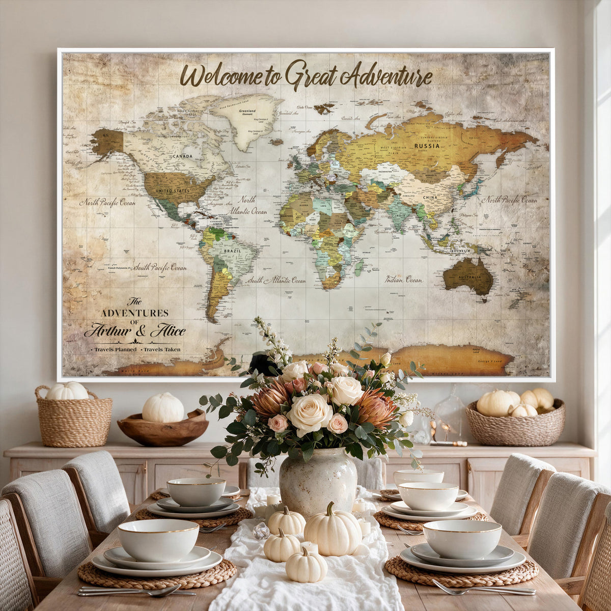 33043195-MGV-CV-36X24 - Personalized Beige World Travel Map Wall Art with Pins, Family Travel Tracker, Family Room and Study Decor