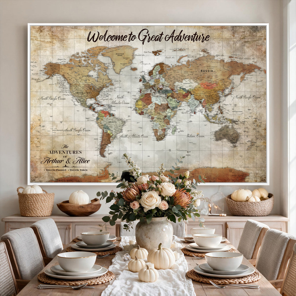 22906161-MGV-CV-36X24 - Personalized Beige Push Pin World Map Wall Art, Bucket List Map, Living Room and Family Room Decor