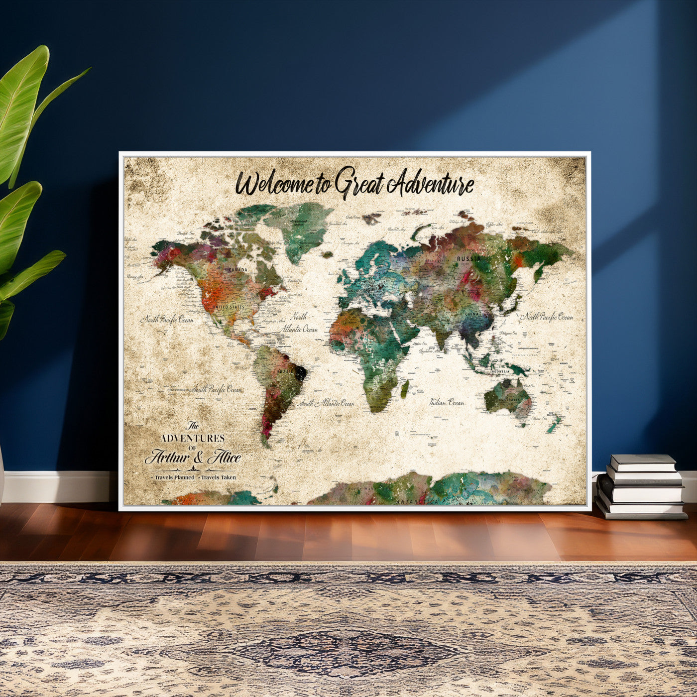 89225601-MGV-CV-36X24 - Custom Push Pin World Map Wall Art Canvas Print – Personalized Travel Tracker with Pins Framed Large for Home and Office Decor