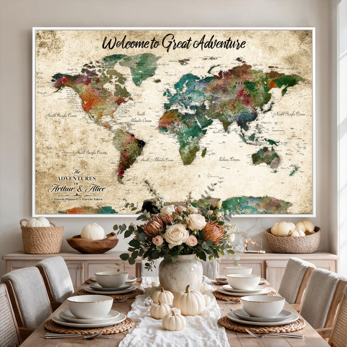 89225601-MGV-CV-36X24 - Personalized Beige Grunge World Map Canvas with Push Pins, Next Trip Planner Map, Family Room and Home Office Decor