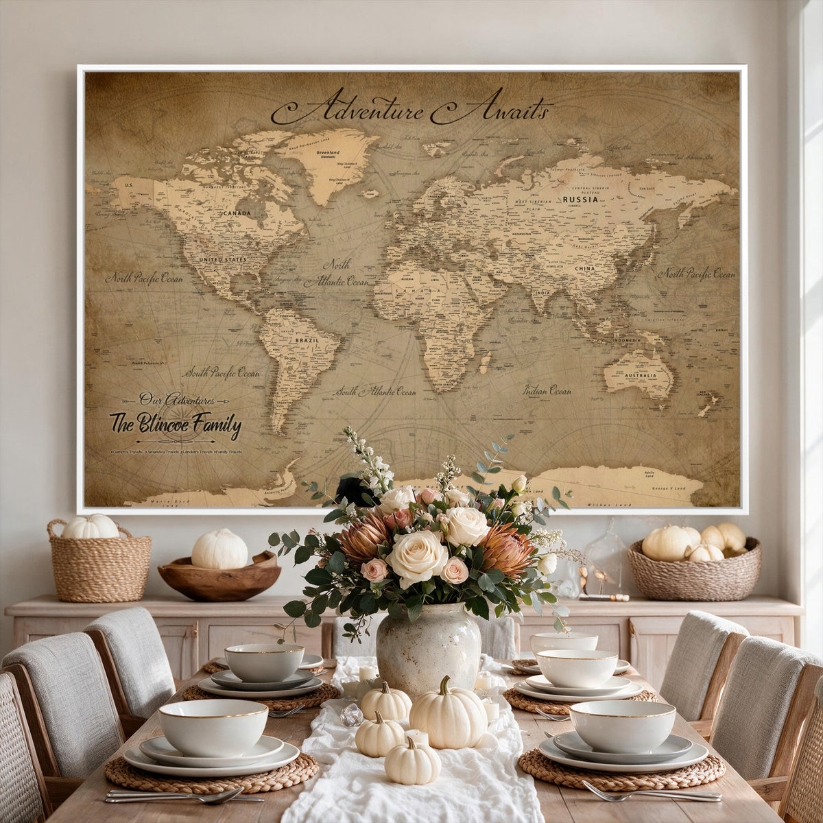 59418012-MGV-CV-36X24 - Personalized Framed Beige World Travel Map Wall Art with Pins, Family Travel Tracker, Family Room and Entryway Decor