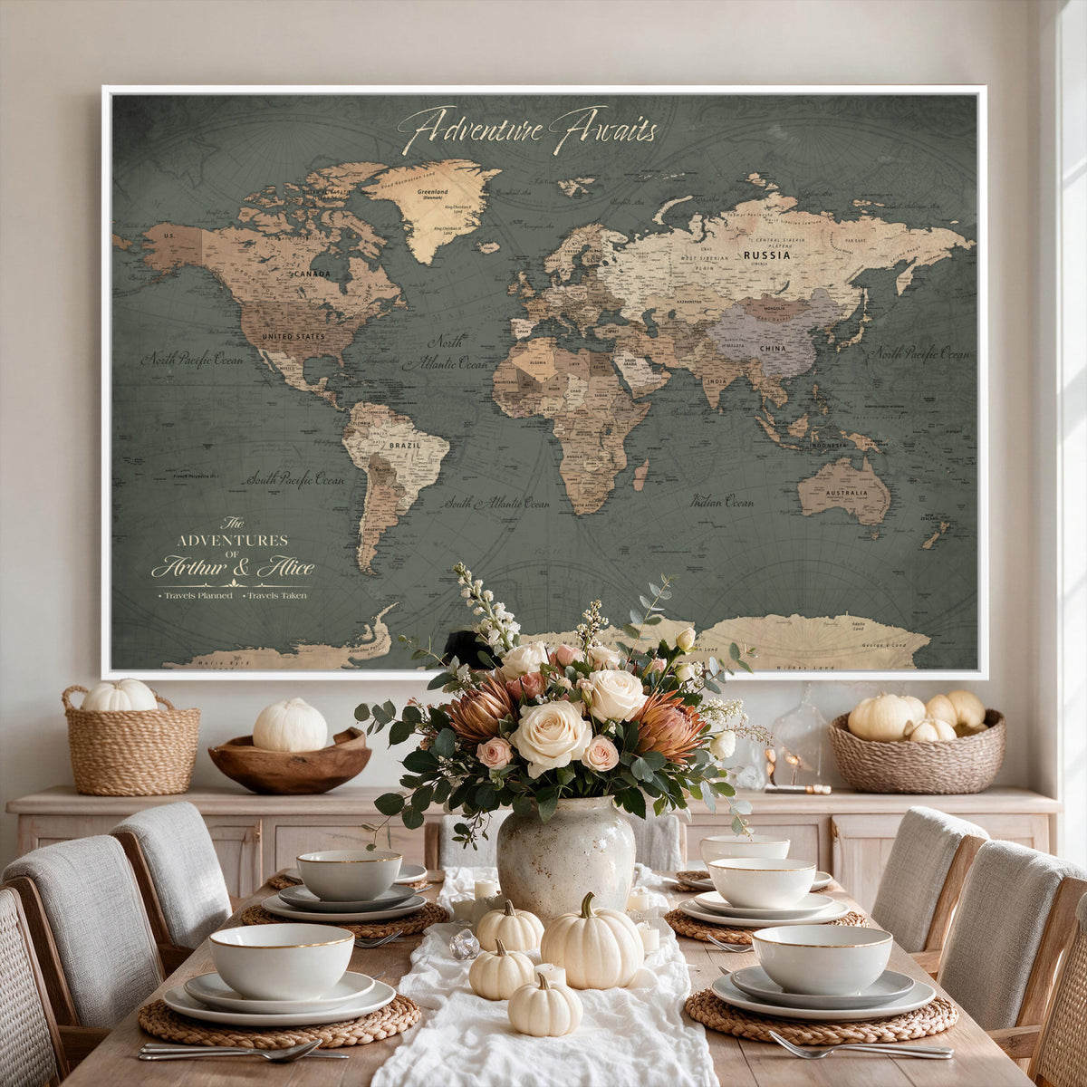 24734446-MGV-CV-36X24 - Personalized Framed Beige Modern World Map Canvas with Push Pins, Bucket List Map, Family Room and Dining Room Decor
