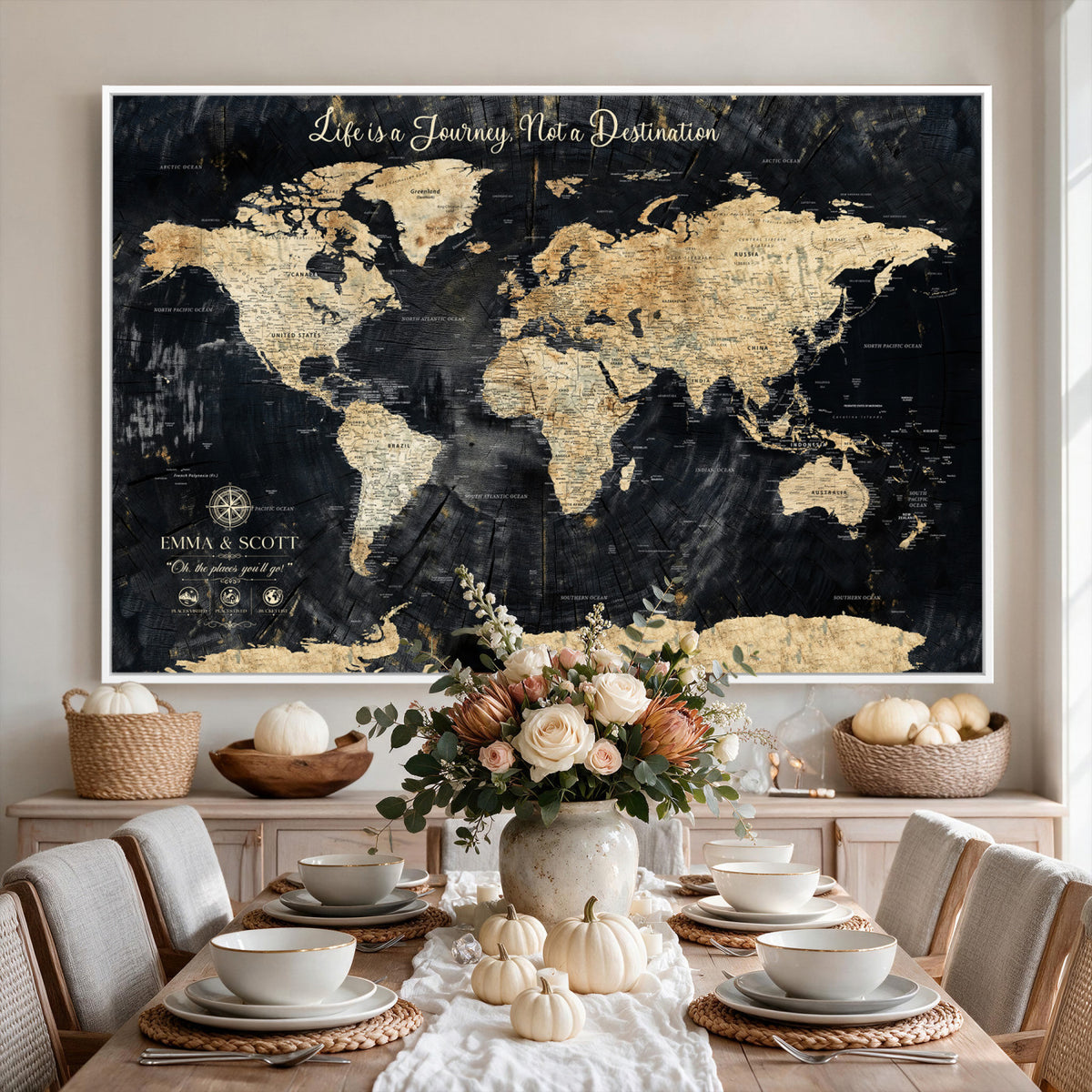NEWMAP-13-MGV-CV-36X24 - Personalized Framed Navy Modern Push Pin World Map Canvas Print, Couples Countries Visited Map, Family Room and Study Decor