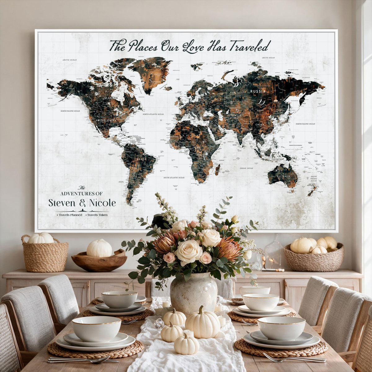 29090064-MGV-CV-36X24 - Personalized Beige Push Pin World Map Canvas Print, Honeymoon and Anniversary Gift, Living Room and Dining Room Decor