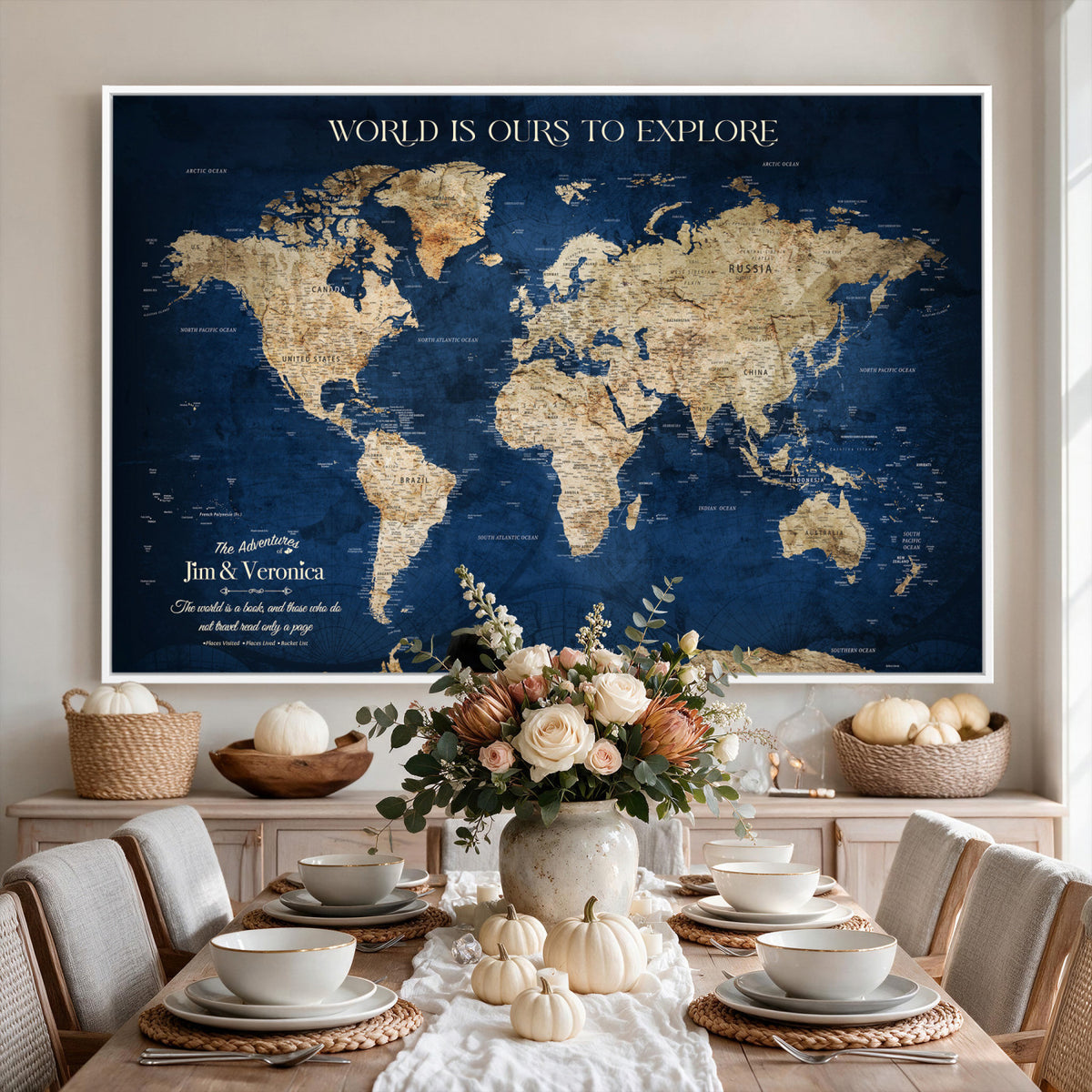 35296308-MGV-CV-36X24 - Custom Push Pin World Map Wall Art Canvas Print – Personalized Travel Tracker with Pins Framed Large for Home and Office Decor