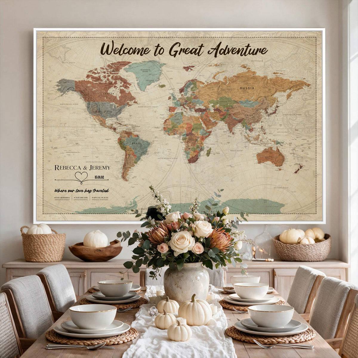 44361524-MGV-CV-36X24 - Custom Push Pin World Map Wall Art Canvas Print | Personalized Travel Tracker with Pins Framed Large for Home and Office Decor