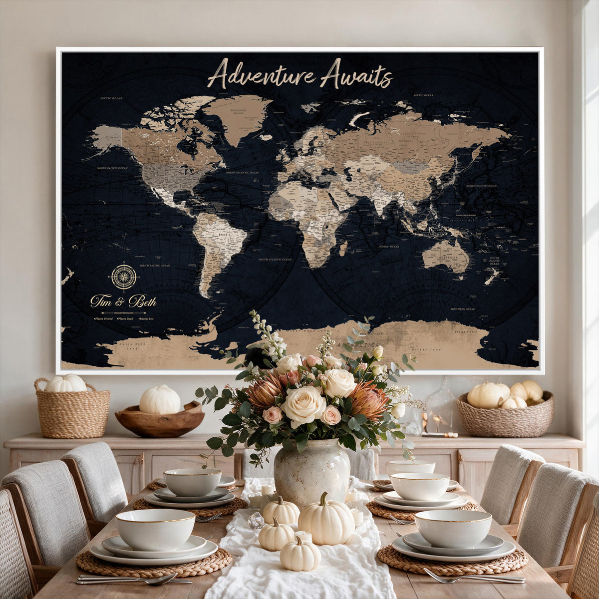 66938317-MGV-CV-36X24 - Custom Push Pin World Map Wall Art Canvas Print | Personalized Travel Tracker with Pins Framed Large for Home and Office Decor