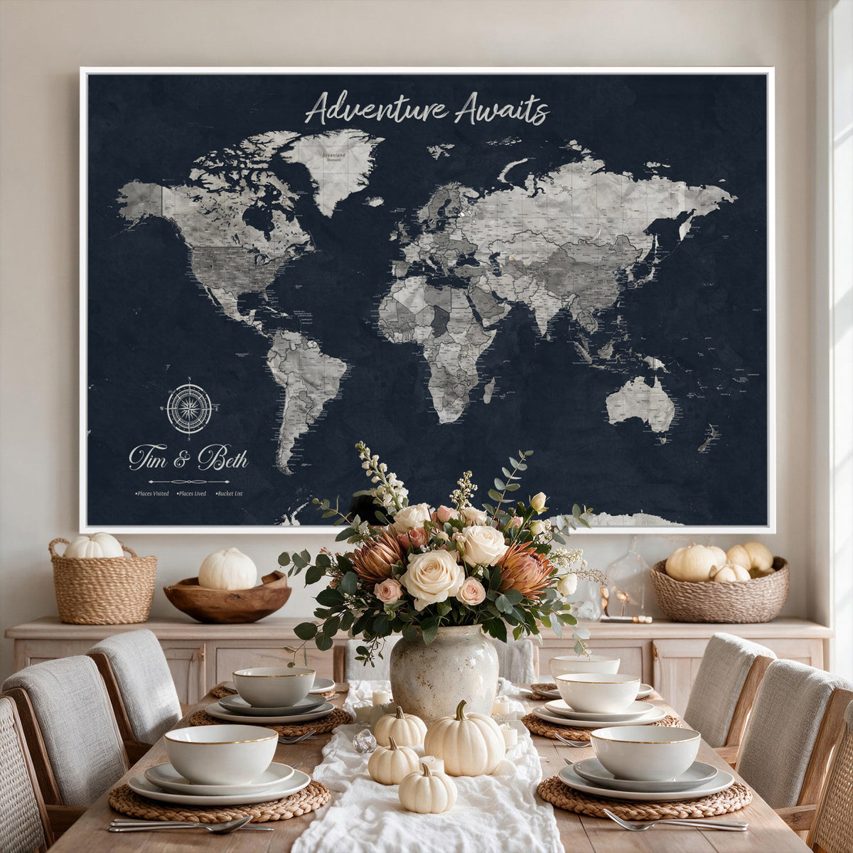 32031089-MGV-CV-36X24 - Custom Push Pin World Map Wall Art Canvas Print | Personalized Travel Tracker with Pins Framed Large for Home and Office Decor