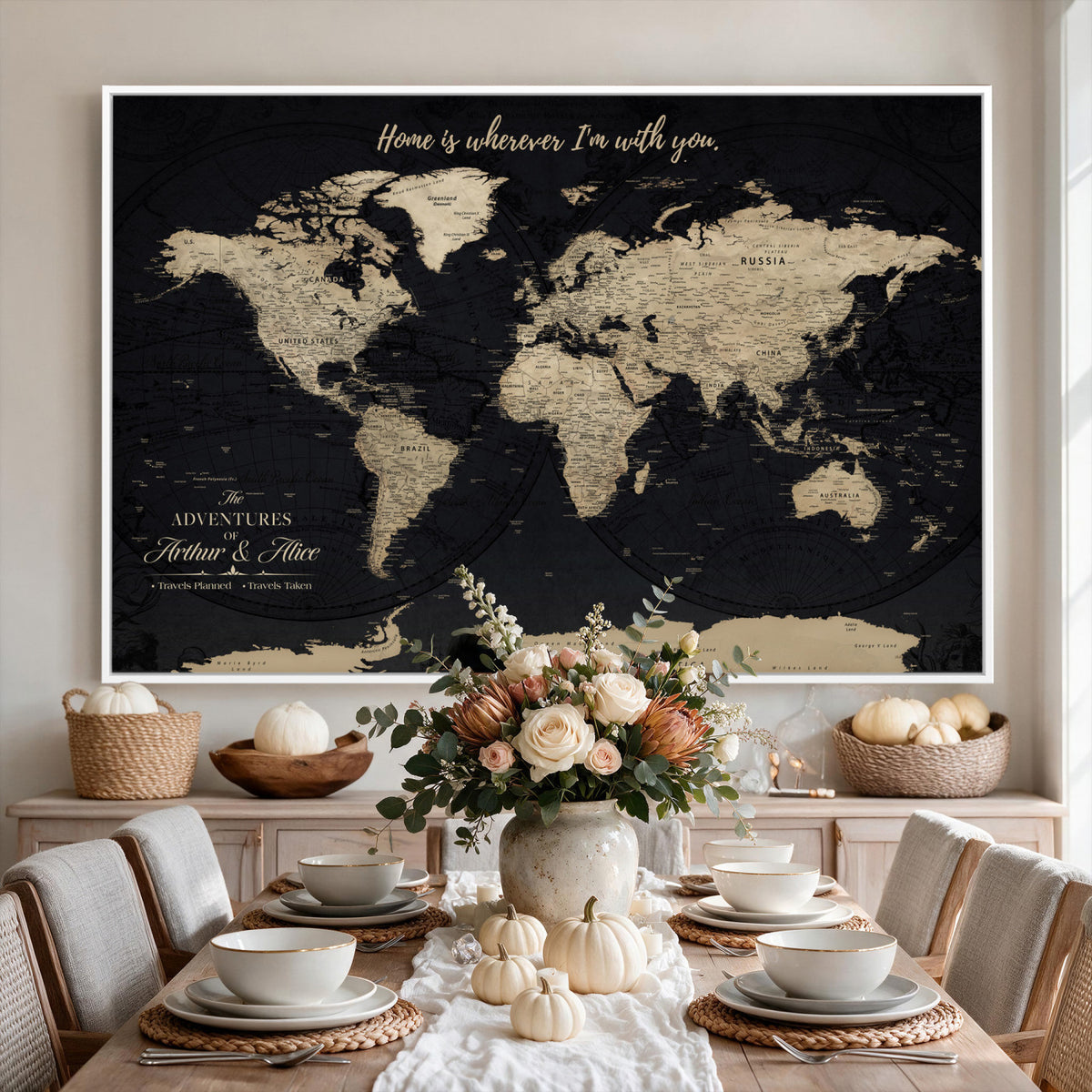 31416046-MGV-CV-36X24 - Custom Framed Beige Vintage Push Pin Travel Map Canvas Print, Honeymoon and Anniversary Gift, Study and Hallway Decor