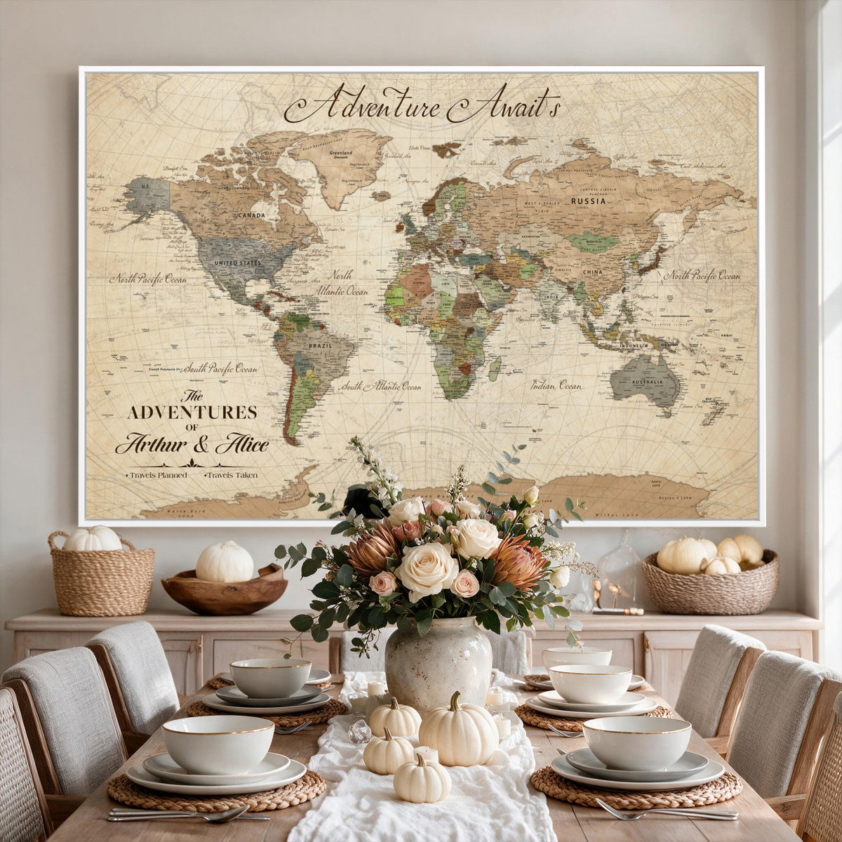 18308111-MGV-CV-36X24 - Custom Push Pin World Map Wall Art Canvas Print | Personalized Travel Tracker with Pins Framed Large for Home and Office Decor