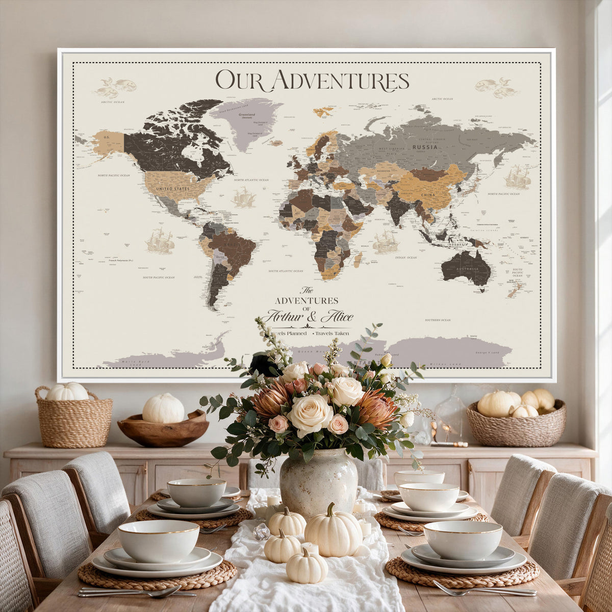 66301646-MGV-CV-36X24 - Custom Push Pin World Map Wall Art Canvas Print | Personalized Travel Tracker with Pins Framed Large for Home and Office Decor
