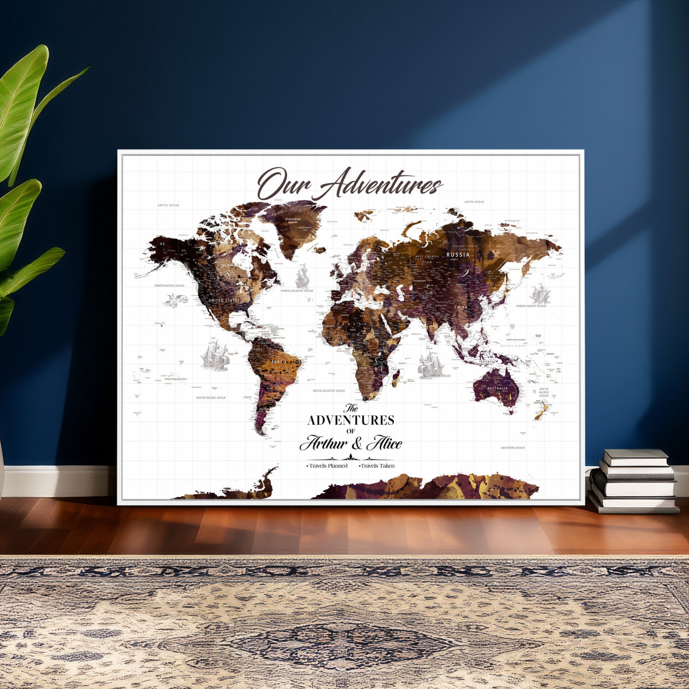 95729279-MGV-CV-36X24 - Custom Push Pin World Map Wall Art Canvas Print – Personalized Travel Tracker with Pins Framed Large for Home and Office Decor