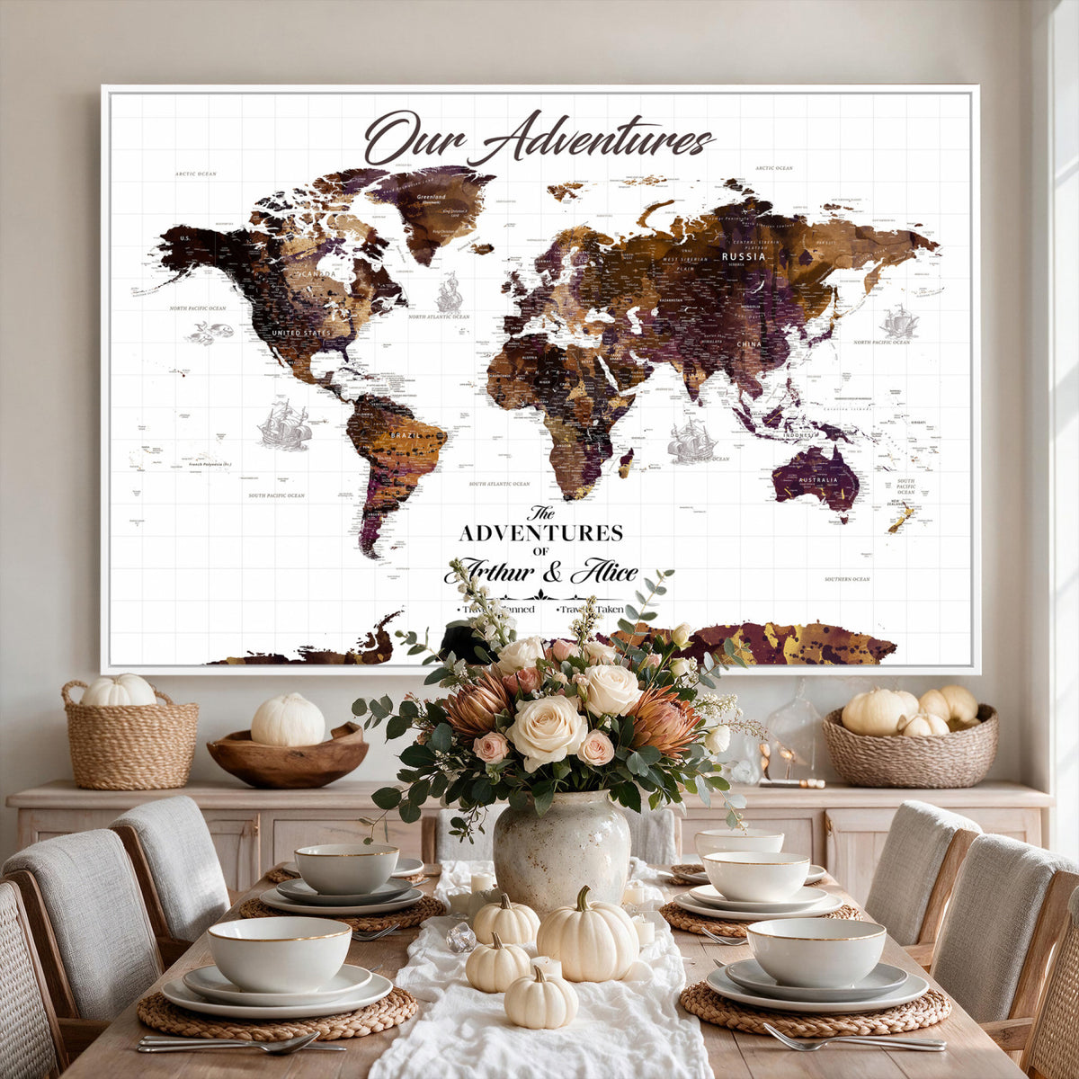 95729279-MGV-CV-36X24 - Personalized Framed Beige Vintage Push Pin Travel Map Canvas Print, Next Trip Planner Map, Home Office and Entryway Decor