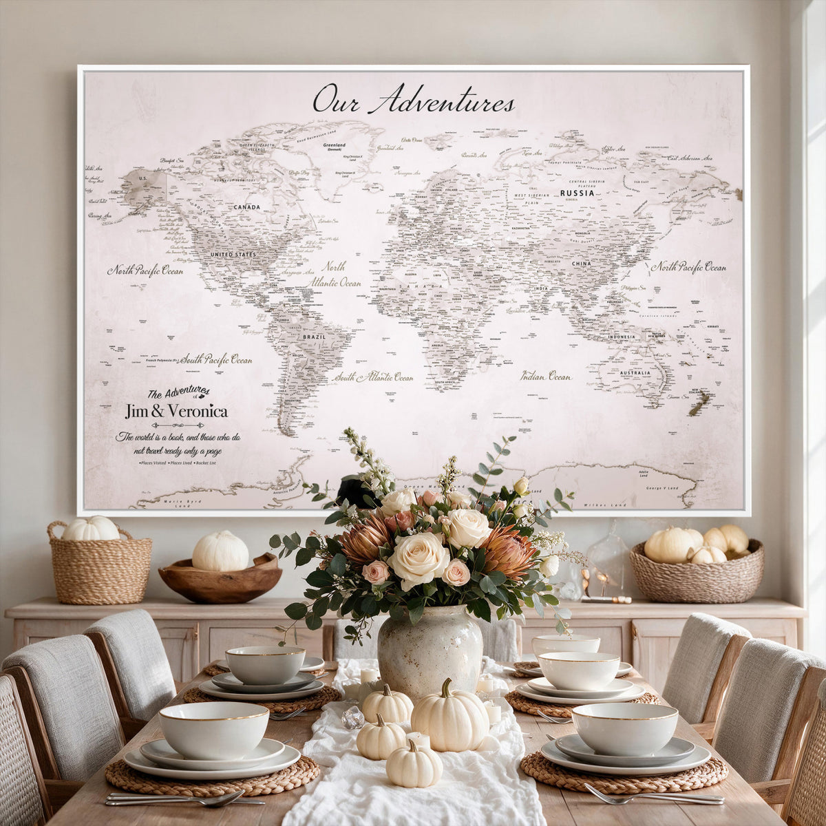 62392749-MGV-CV-36X24 - Personalized Beige Vintage World Travel Map Wall Art with Pins, Honeymoon and Anniversary Gift, Entryway and Hallway Decor