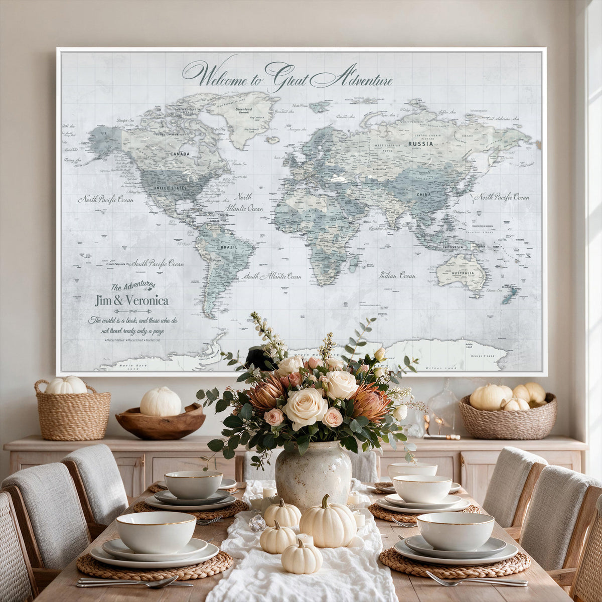 55391088-MGV-CV-36X24 - Personalized Beige Antique Push Pin World Map Canvas Print, Family Travel Tracker, Family Room and Entryway Decor