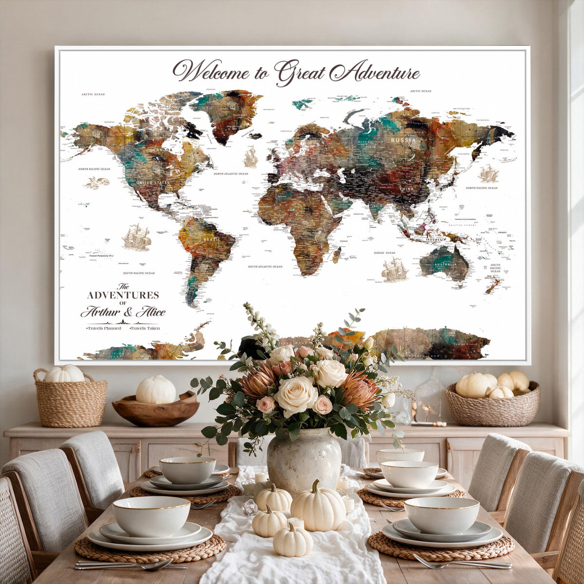 20271103-MGV-CV-36X24 - Custom Framed Beige Modern Push Pin World Map Wall Art, Couples Countries Visited Map, Study and Entryway Decor