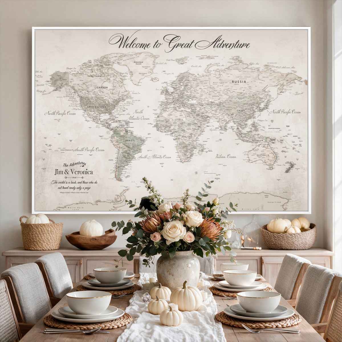 84311132-MGV-CV-36X24 - Personalized Beige World Map Canvas with Push Pins, Places Visited Tracker, Family Room and Entryway Decor