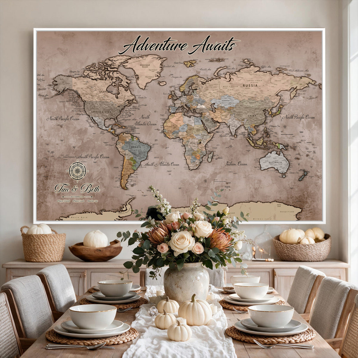 30508877-MGV-CV-36X24 - Custom Push Pin World Map Wall Art Canvas Print | Personalized Travel Tracker