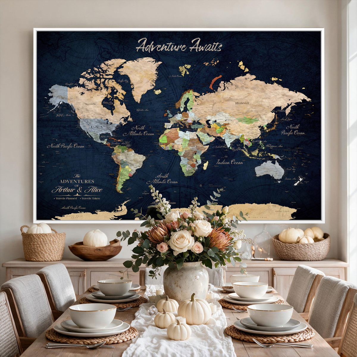 39120422-MGV-CV-36X24 - Personalized Beige Antique Push Pin Travel Map Canvas Print, Bucket List Map, Dining Room and Entryway Decor