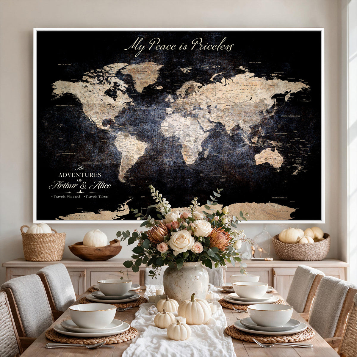 38689152-MGV-CV-36X24 - Personalized Beige World Map Canvas with Push Pins, Couples Countries Visited Map, Study and Hallway Decor