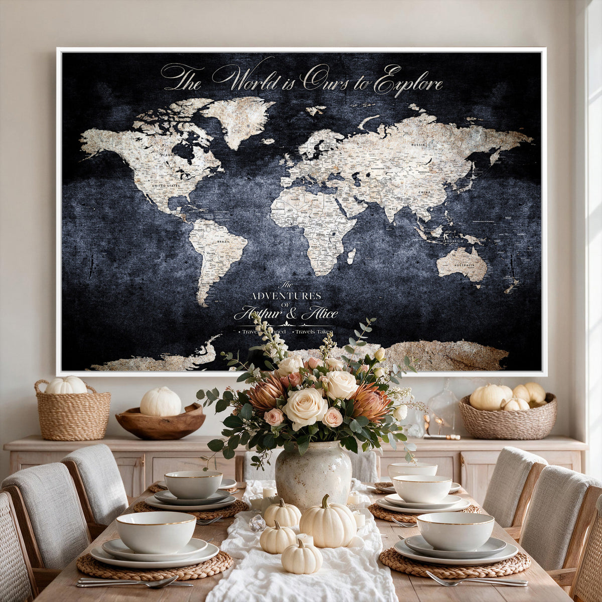 78489746-MGV-CV-36X24 - Custom Push Pin World Map Wall Art Canvas Print | Personalized Travel Tracker with Pins Framed Large for Home and Office Decor