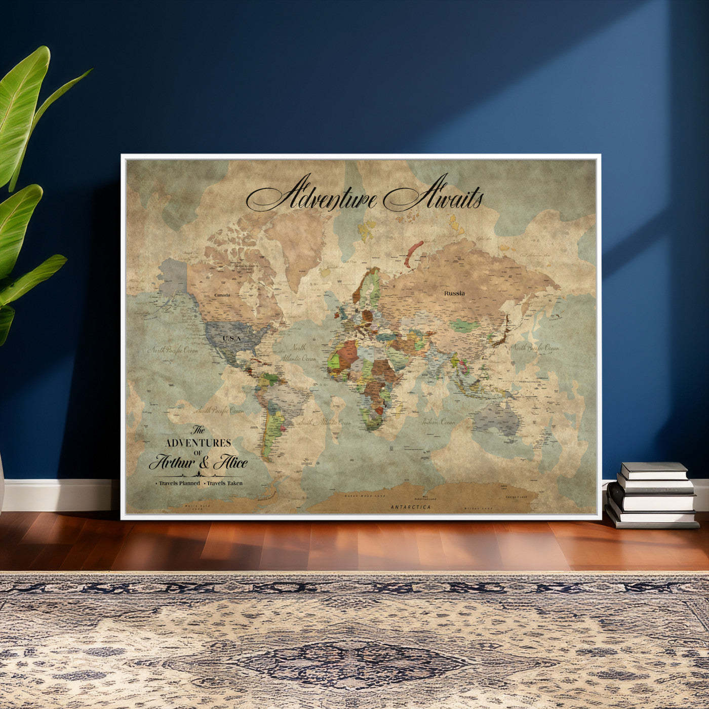 80420159-MGV-CV-36X24 - Custom Push Pin World Map Wall Art Canvas Print – Personalized Travel Tracker with Pins Framed Large for Home and Office Decor
