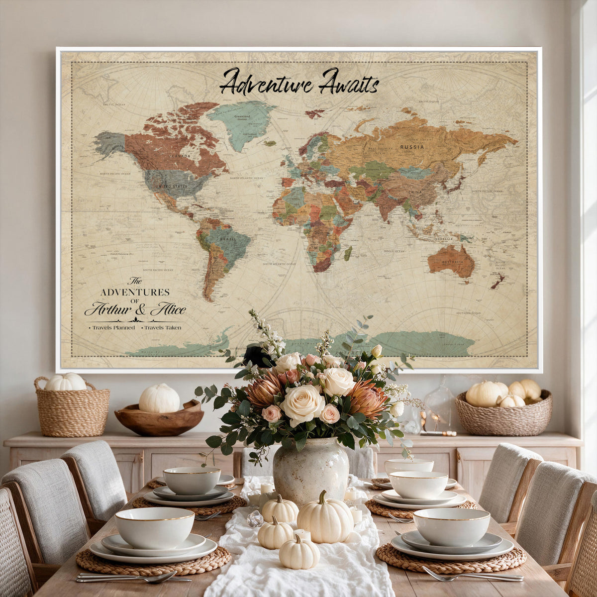 10741176-MGV-CV-36X24 - Custom Push Pin World Map Wall Art Canvas Print | Personalized Travel Tracker with Pins Framed Large for Home and Office Decor