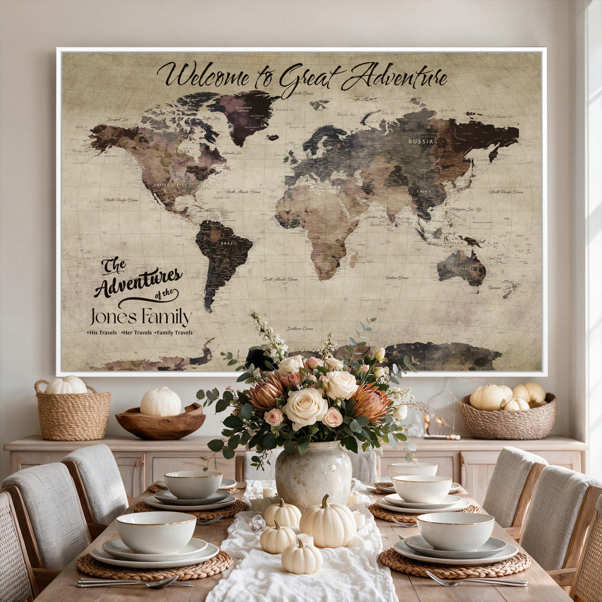 25688366-MGV-CV-36X24 - Custom Push Pin World Map Wall Art Canvas Print | Personalized Travel Tracker with Pins Framed Large for Home and Office Decor