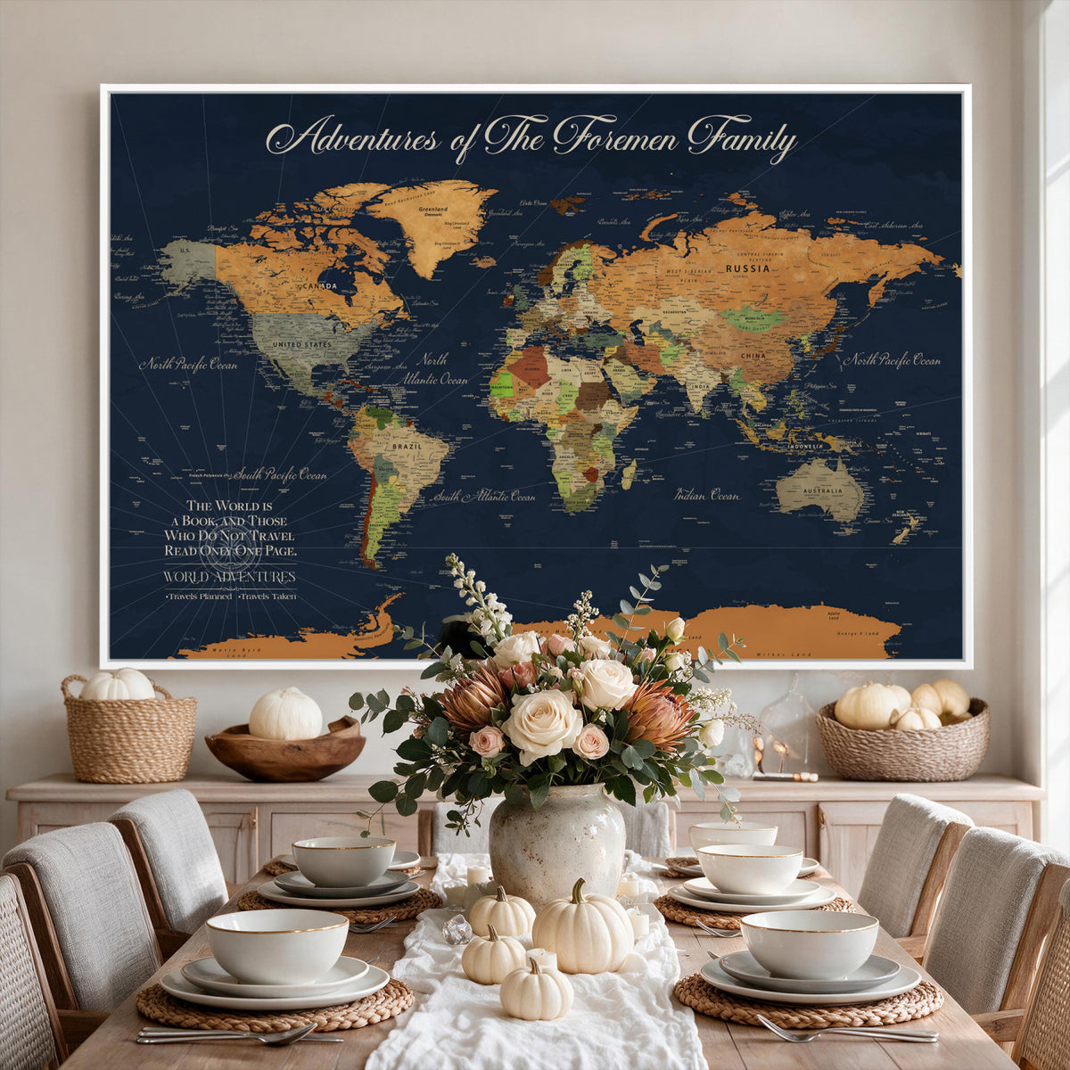 84352304-MGV-CV-36X24 - Custom Push Pin Travel Map Canvas Print, Honeymoon and Anniversary Gift, Living Room and Dining Room Decor
