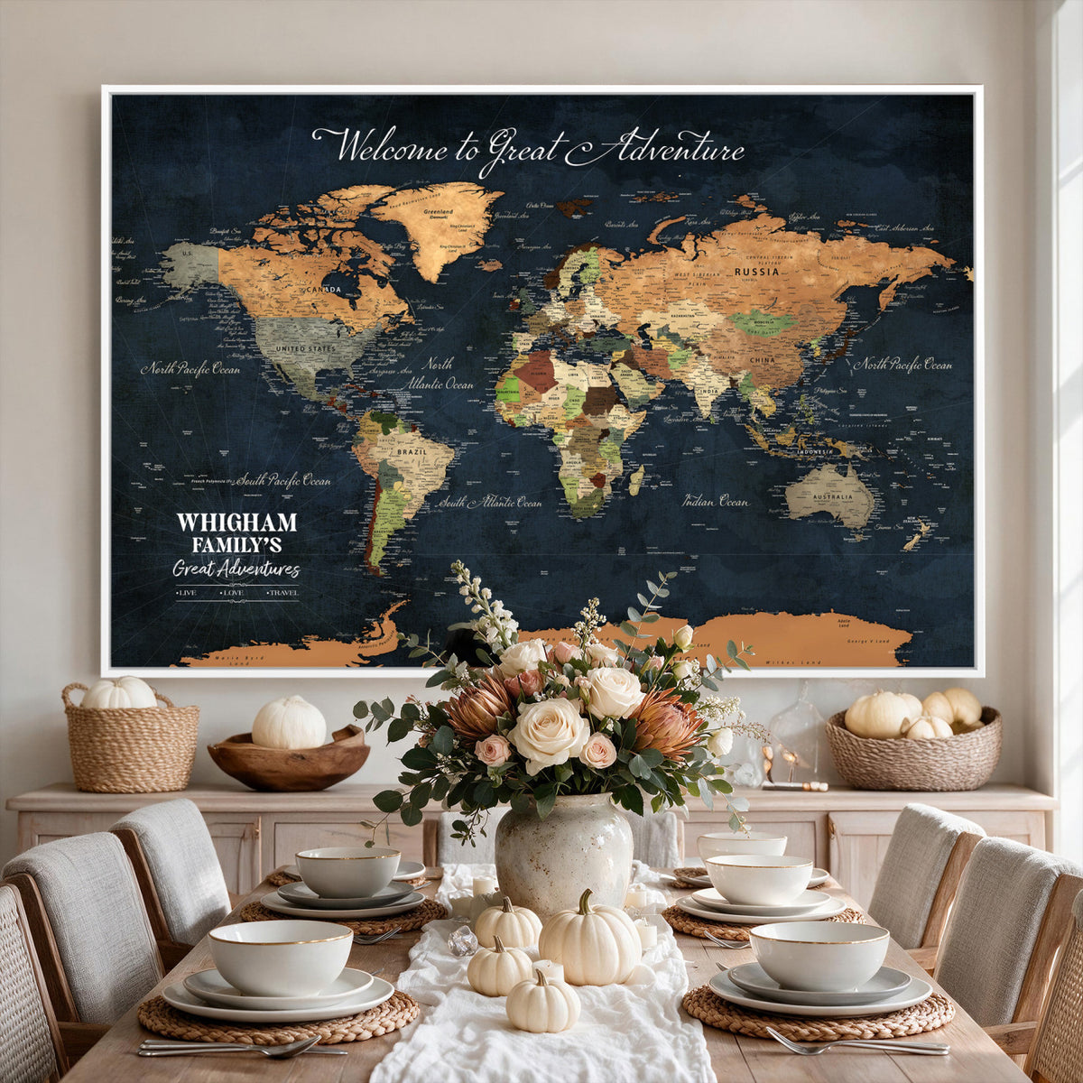 66788995-MGV-CV-36X24 - Custom Push Pin World Map Wall Art Canvas Print | Personalized Travel Tracker with Pins Framed Large for Home and Office Decor