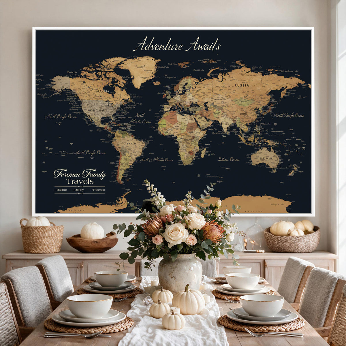 31781393-MGV-CV-36X24 - Custom Push Pin World Map Wall Art Canvas Print | Personalized Travel Tracker with Pins Framed Large for Home Decor