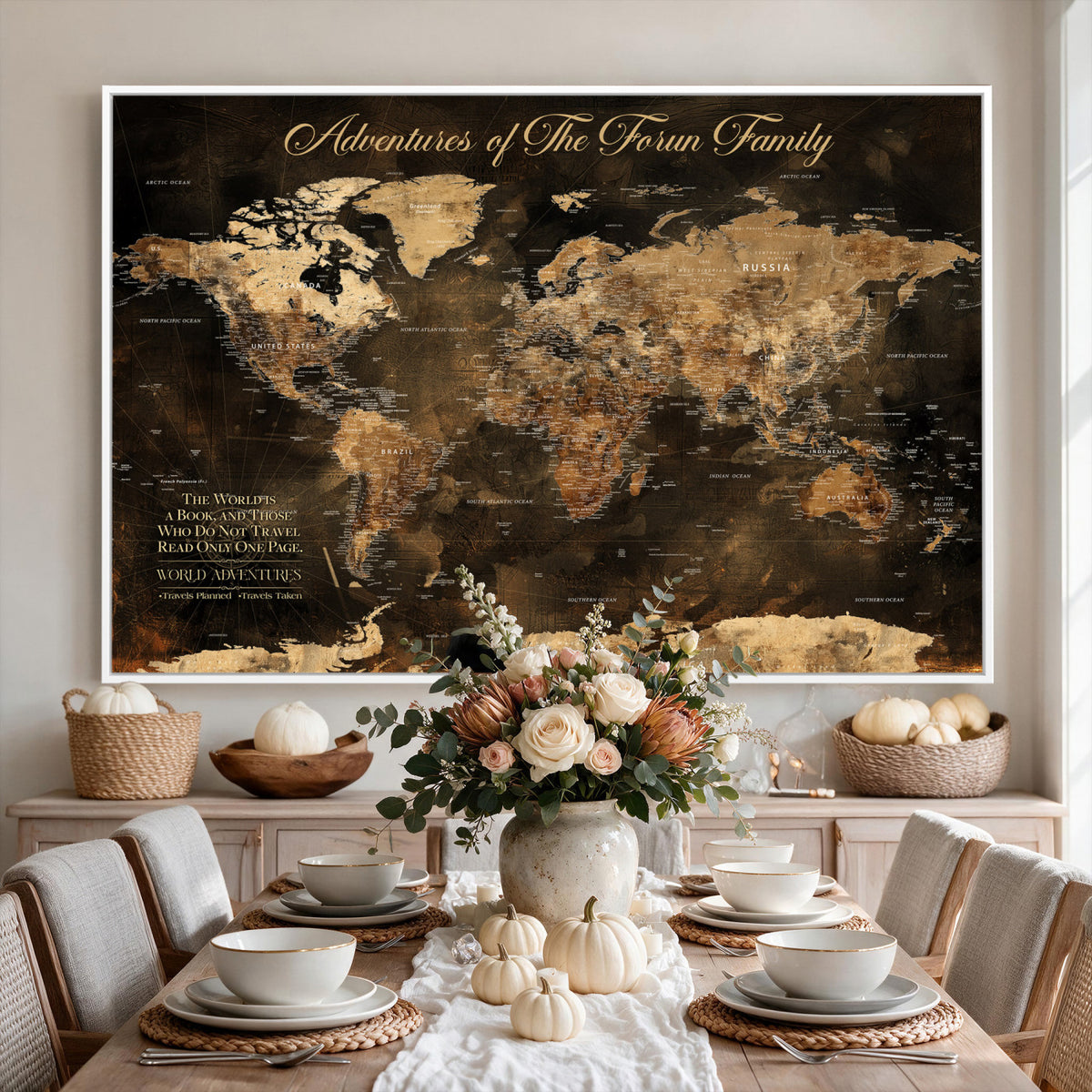 20594960-MGV-CV-36X24 - Custom Push Pin World Map Wall Art Canvas Print – Personalized Travel Tracker with Pins Framed Large for Home and Office Decor
