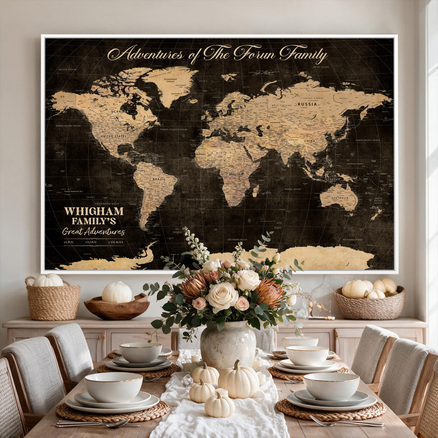 Personalized Black Family Push Pin World Map | Travel Tracker