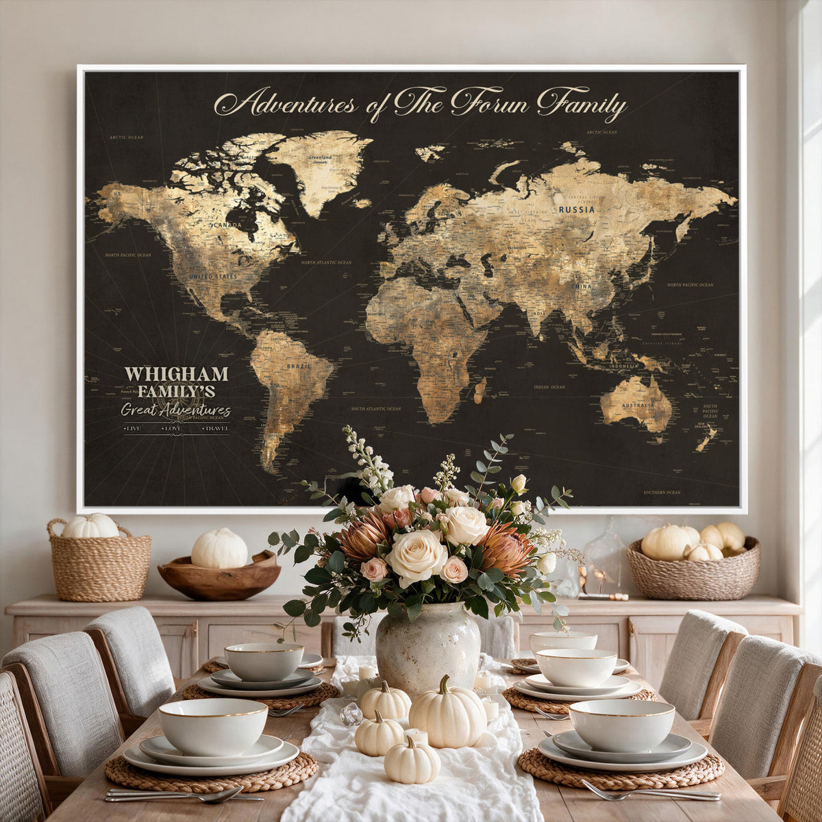 80238567-MGV-CV-36X24 - Custom Push Pin World Map Wall Art Canvas Print | Personalized Travel Tracker with Pins Framed Large for Home and Office Decor