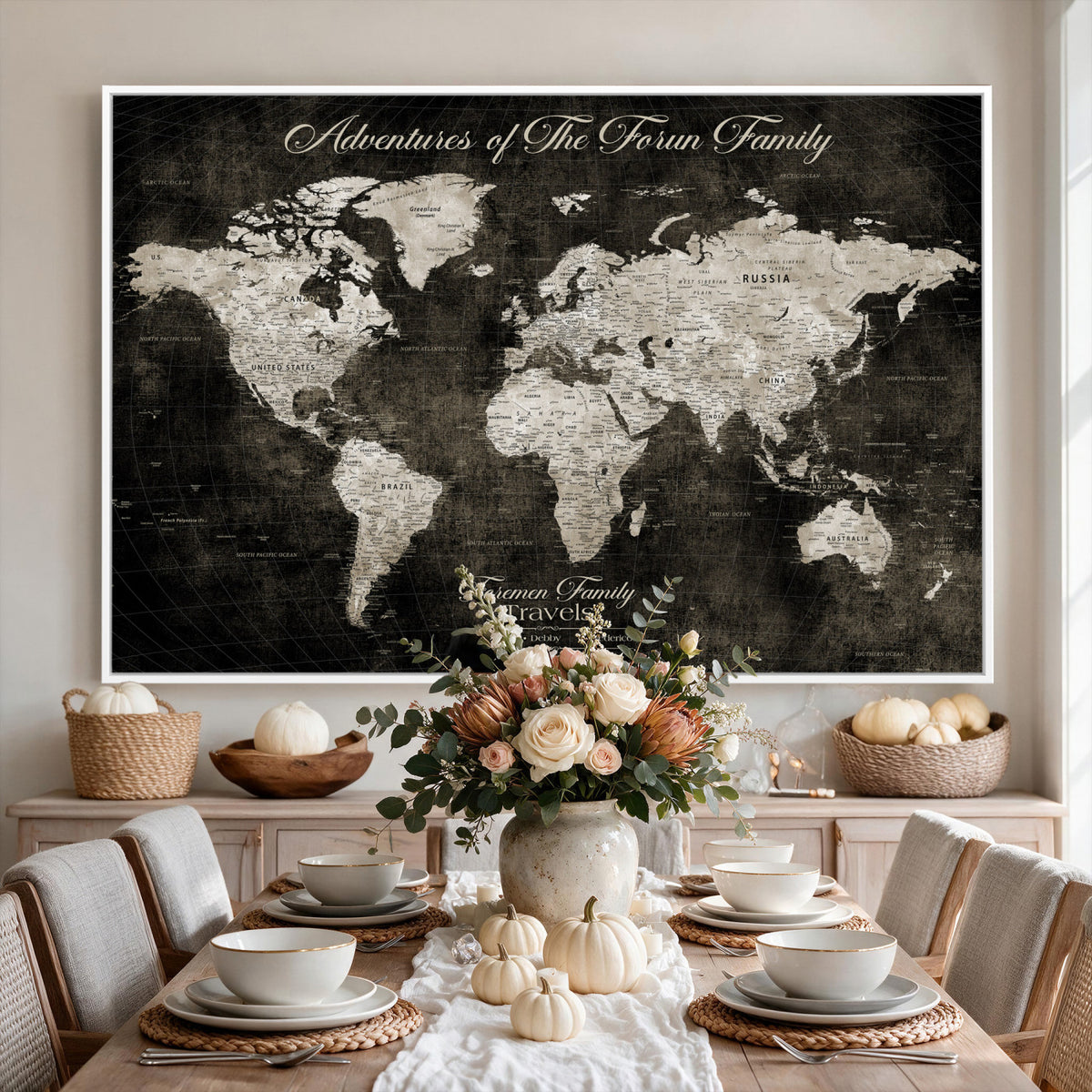 73767525-MGV-CV-36X24 - Custom Push Pin World Map Wall Art Canvas Print | Personalized Travel Tracker with Pins Framed Large for Home and Office Decor