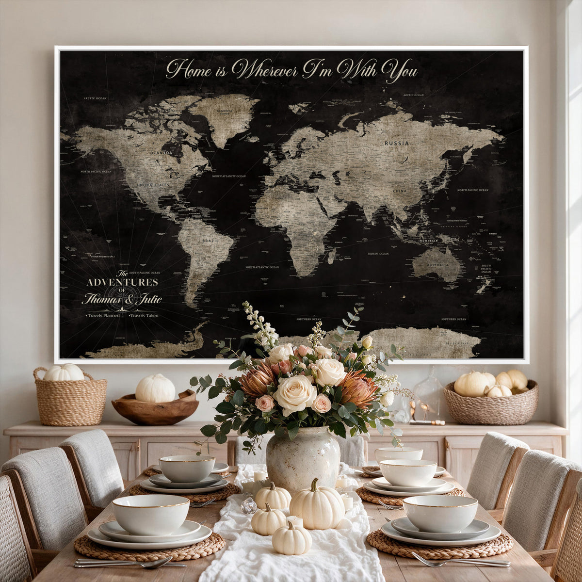 28461537-MGV-CV-36X24 - Personalized Framed Black Geometric World Map Canvas with Push Pins, Bucket List Map, Living Room and Dining Room Decor