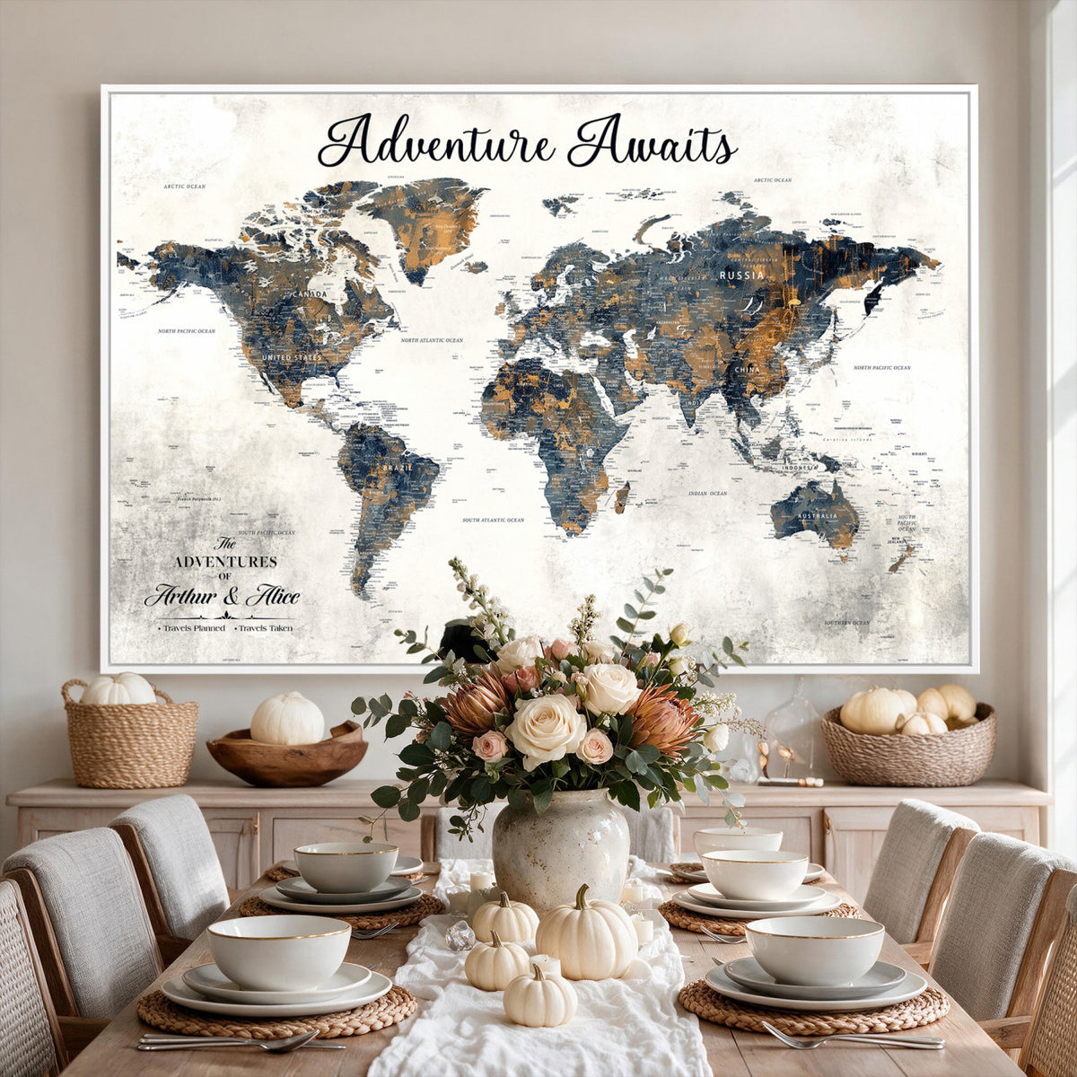 26041262-MGV-CV-36X24 - Custom White Push Pin World Map Wall Art, Next Trip Planner Map, Family Room and Entryway Decor