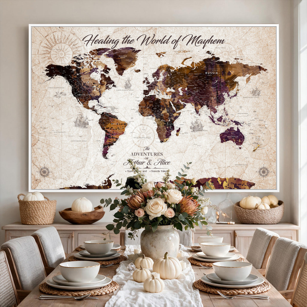 20154714-MGV-CV-36X24 - Custom Push Pin World Map Wall Art Canvas Print | Personalized Travel Tracker with Pins Framed Large for Home and Office Decor