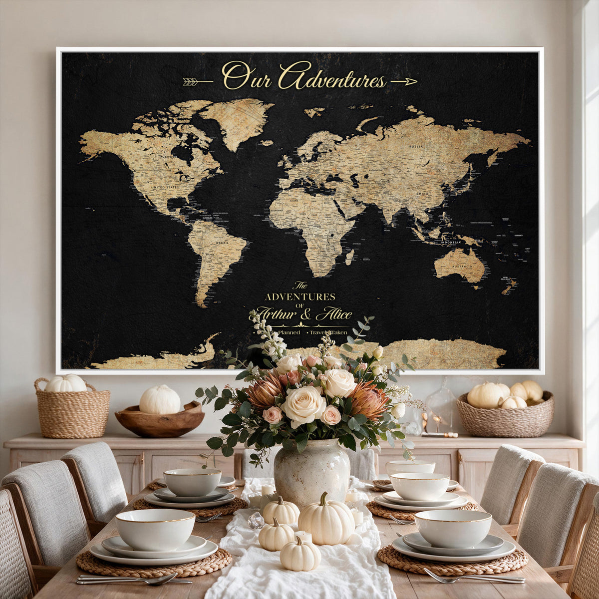 54638998-MGV-CV-36X24 - Custom Push Pin World Map Wall Art Canvas Print | Personalized Travel Tracker with Pins Framed Large for Home and Office Decor