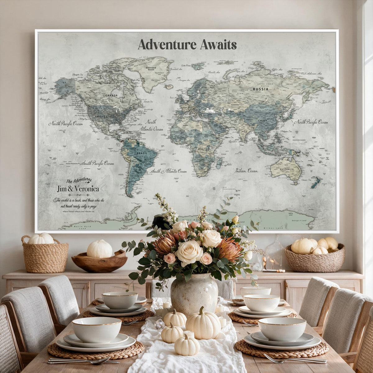 11945570-MGV-CV-36X24 - Custom Push Pin World Map Wall Art Canvas Print | Personalized Travel Tracker with Pins Framed Large for Home and Office Decor