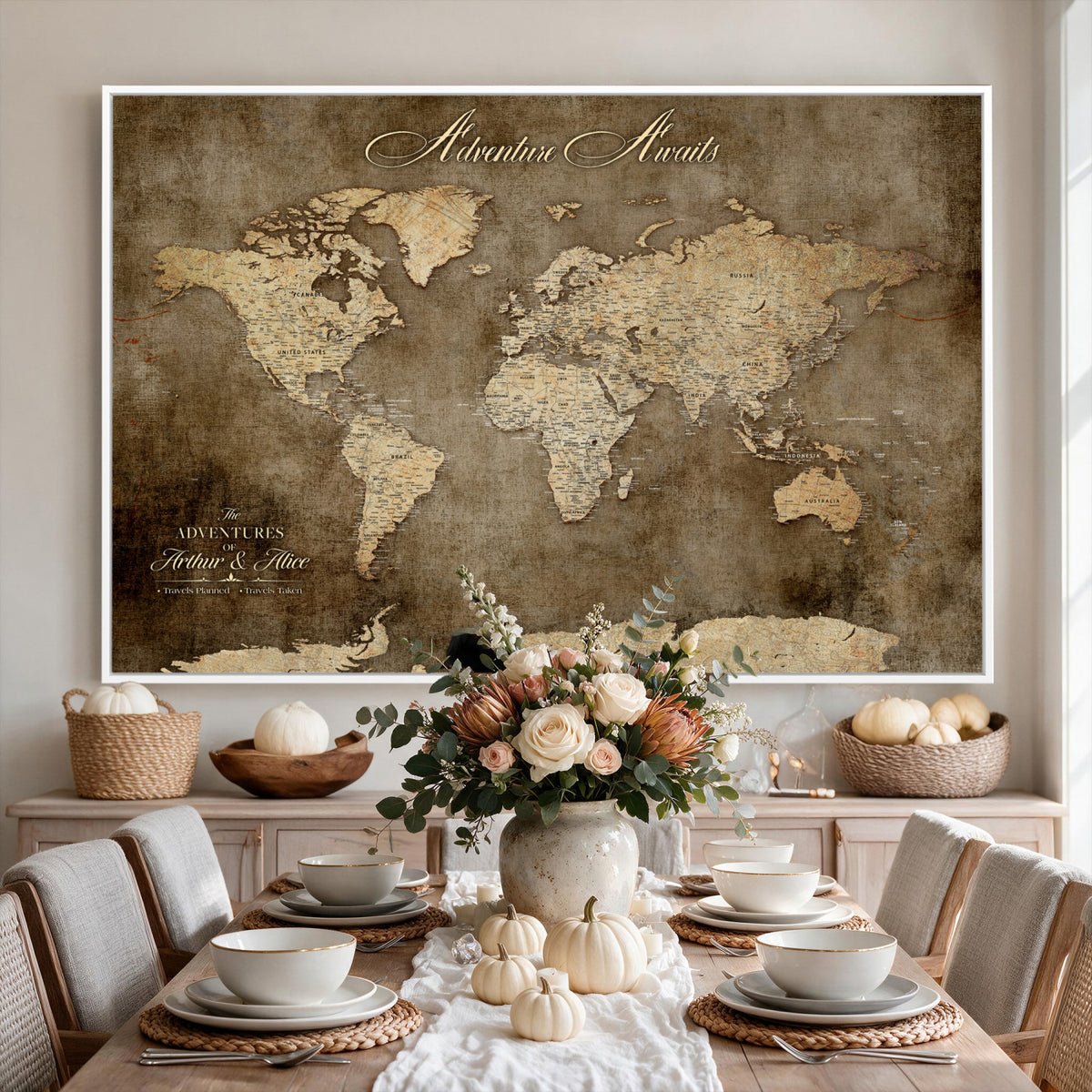 61836190-MGV-CV-36X24 - Custom Push Pin World Map Wall Art Canvas Print | Personalized Travel Tracker with Pins Framed Large for Home and Office Decor
