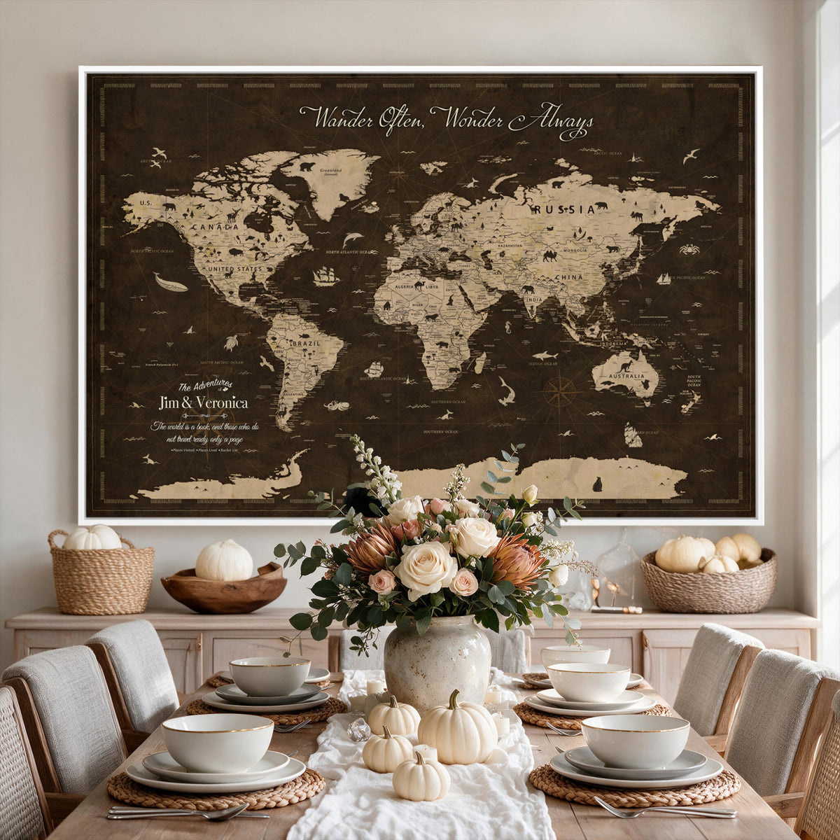 20091587-MGV-CV-36X24 - Custom Push Pin World Map Wall Art Canvas Print | Personalized Travel Tracker with Pins Framed Large for Home and Office Decor