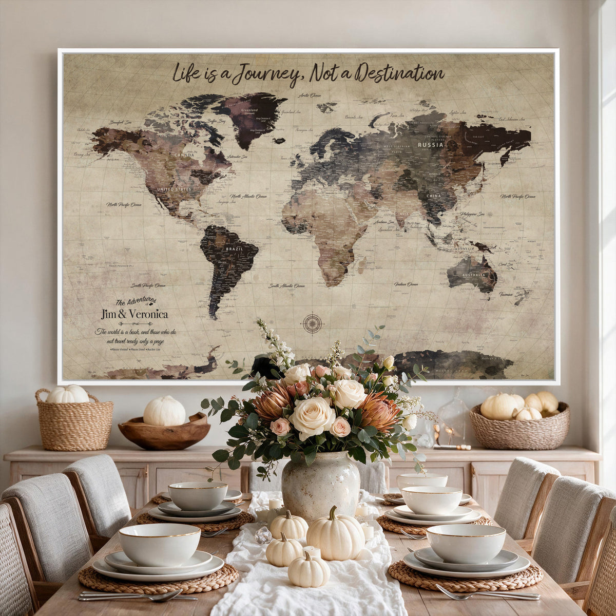 58257942-MGV-CV-36X24 - Custom Push Pin World Map Wall Art Canvas Print | Personalized Travel Tracker with Pins Framed Large for Home and Office Decor