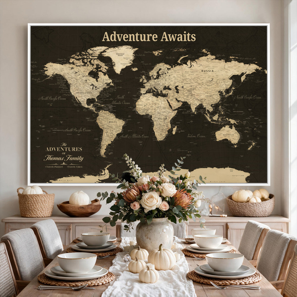 47597338-MGV-CV-36X24 - Custom Push Pin World Map Wall Art Canvas Print | Personalized Travel Tracker with Pins Framed Large for Home and Office Decor