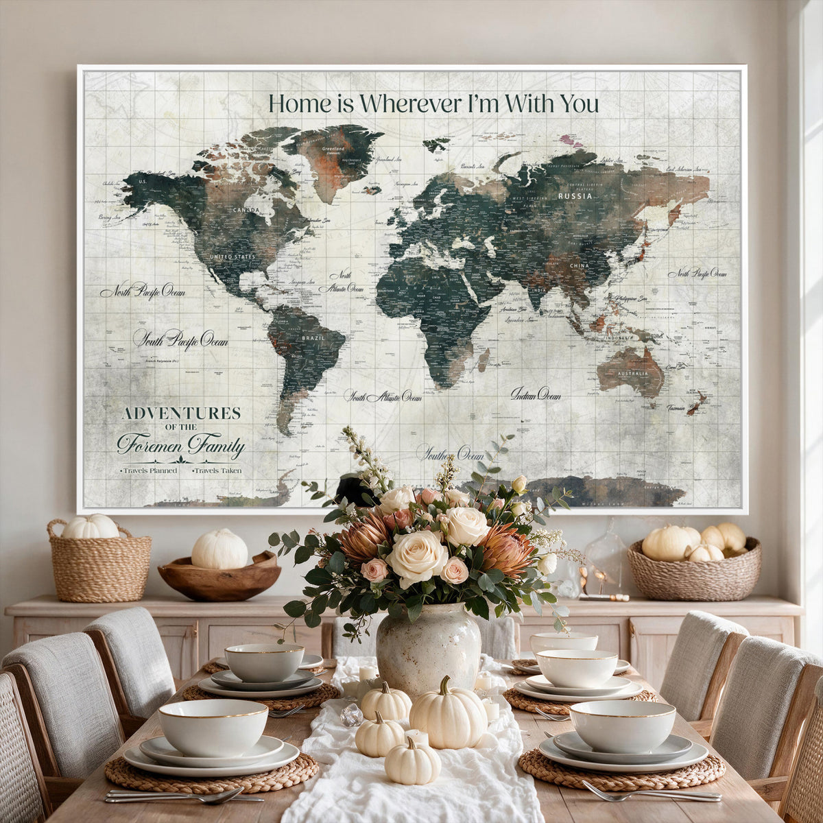 98050124-MGV-CV-36X24 - Personalized Beige Modern Push Pin Travel Map Canvas Print, Couples Countries Visited Map, Dining Room and Bedroom Decor